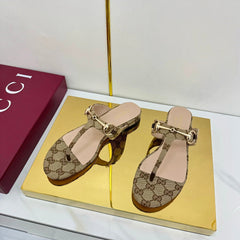 GG THONG SANDALS 25S IN DARK BEIGE LAMBSKIN MIX CANVAS WITH GOLD HARDWARE