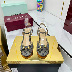 GG HEELED SANDALS 25S 65 MM IN GREY CANVAS WITH GOLD HARDWARE