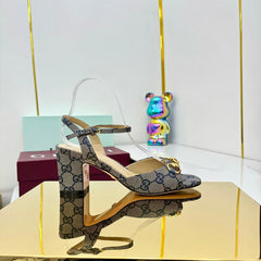 GG HEELED SANDALS 25S 65 MM IN GREY CANVAS WITH GOLD HARDWARE