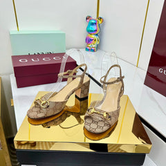 GG HEELED SANDALS 25S 65 MM IN DARK BEIGE CANVAS WITH GOLD HARDWARE