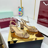 GG HEELED SANDALS 25S 65 MM IN DARK BEIGE CANVAS WITH GOLD HARDWARE