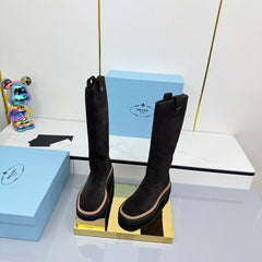 PRADA 25S HIGH BOOTS MARTIN 50MM IN DARK BROWN SUEDE WITH LOGO