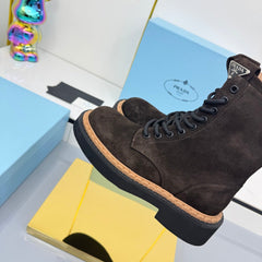 PRADA 25S LONG THICK SOLED MARTIN BOOTS 50MM IN DARK BROWN SUEDE