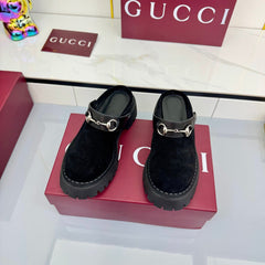 GG PLATFORM MULES 25S IN BLACK SUEDE