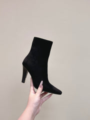YSL 25S HEELED ANKLE BOOTS 75 MM IN BLACK SUEDE