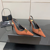 YSL 25S SLINGBACK HIGH HEELS 90 MM IN COGNAC BROWN SATIN WITH GOLD HARDWARE STYLE 15