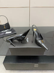 YSL 25S SLINGBACK HIGH HEELS 90 MM IN BLACK LAMBSKIN WITH GOLD HARDWARE STYLE 10