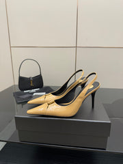 YSL 25S SLINGBACK HIGH HEELS 90 MM IN DARK BEIGE LAMBSKIN WITH GOLD HARDWARE STYLE 5