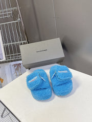BALENCIAGA 25S SLIPPERS IN BLUE FAUX SHEARLING
