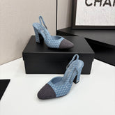 CC SLINGBACK 25S 90 MM IN BLUE DENIM WITH PLAID PATTERN