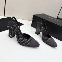 CC SLINGBACK 25S 90 MM IN BLACK DENIM WITH PLAID PATTERN