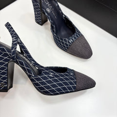 CC SLINGBACK 25S 90 MM IN NAVY BLUE DENIM WITH PLAID PATTERN