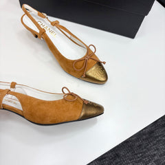 CC SLINGBACK 25S IN BURNT ORANGE SUEDE AND GOLDEN BROWN LAMBSKIN WITH BOW
