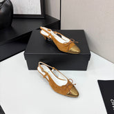 CC SLINGBACK 25S IN BURNT ORANGE SUEDE AND GOLDEN BROWN LAMBSKIN WITH BOW