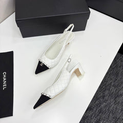 CC SLINGBACK 25S 30 MM IN WHITE LAMBSKIN MIX BLACK FABRIC