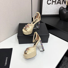 CC HIGH SANDAL 25S 110 MM IN LIGHT BEIGE CALFSKIN WITH MULTICOLOR STONES