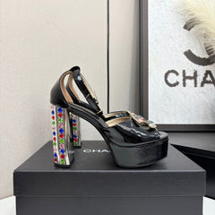 CC HIGH SANDAL 25S 110 MM IN BLACK CALFSKIN WITH MULTICOLOR STONES