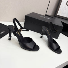 CC HIGH SANDAL 25S 80 MM IN BLACK CALFSKIN WITH PEARL DETAILS