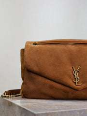 YSL 25S CALYPSO GM 38 IN DARK CARAMEL SUEDE GOLD HARDWARE