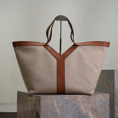 YSL 25S Y TOTE 50 IN BROWN BEIGE CANVAS AND CALFSKIN