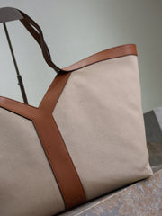 YSL 25S Y TOTE 50 IN BROWN BEIGE CANVAS AND CALFSKIN