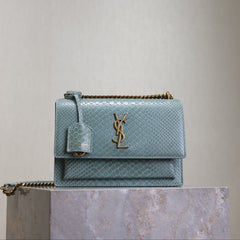 YSL 25S SUNSET MEDIUM 22 IN LIGHT BLUE CROCODILE-EMBOSSED CALFSKIN GOLD HARDWARE