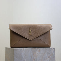 YSL 25S CASSANDRE LARGE ENVELOPE POUCH 29 IN DARK TAUPE CALFSKIN GOLD HARDWARE