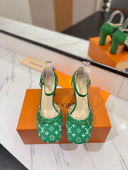 HIGH SANDALS 8 CM IN EMERALD GREEN MONOGRAM DENIM AND CALFSKIN