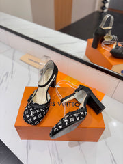 HIGH SANDALS 8 CM IN BLACK MONOGRAM DENIM AND CALFSKIN