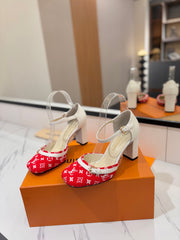 HIGH SANDALS 8 CM IN CHERRY RED MONOGRAM DENIM AND WHITE CALFSKIN