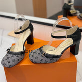 HIGH SANDALS 8 CM IN COOL GRAY MONOGRAM DENIM AND BLACK CALFSKIN