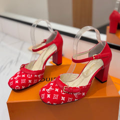 HIGH SANDALS 8 CM IN CHERRY RED MONOGRAM DENIM