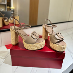 VLTN ESPADRILLE WEDGE SANDALS 25S 115 MM IN BEIGE BROWN LAMBSKIN