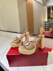 VLTN ESPADRILLE WEDGE SANDALS 25S 115 MM IN BEIGE BROWN LAMBSKIN