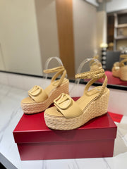 VLTN ESPADRILLE WEDGE SANDALS 25S 90 MM IN GOLDEN BEIGE LAMBSKIN STYLE 9
