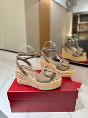 VLTN ESPADRILLE WEDGE SANDALS 25S 90 MM IN BEIGE BROWN LAMBSKIN STYLE 7