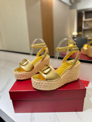 VLTN ESPADRILLE WEDGE SANDALS 25S 90 MM IN GOLD LAMBSKIN STYLE 1