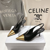 JUDY CAP TOE SLINGBACK 65MM IN BLACK SHINY CALFSKIN AND GOLD SNAKE EMBOSSED LEATHER