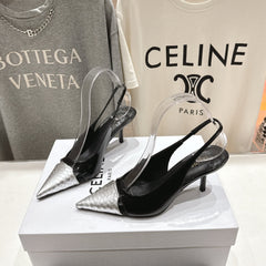 JUDY CAP TOE SLINGBACK 65MM IN BLACK SHINY CALFSKIN AND SILVER SNAKE EMBOSSED LEATHER