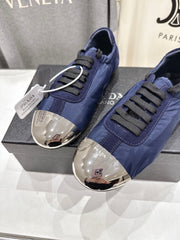 PRADA 25S COLLAPSE RE NYLON AND SUEDE SNEAKERS IN DARK BLUE WITH METAL TOECAP