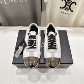 PRADA 25S COLLAPSE RE NYLON AND SUEDE SNEAKERS IN WHITE WITH METAL TOECAP