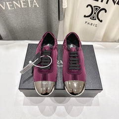 PRADA 25S COLLAPSE RE NYLON AND SUEDE SNEAKERS IN PLUM WITH METAL TOECAP