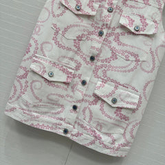 CC 25 Printed Denim Vest Jacket Pink White Cotton
