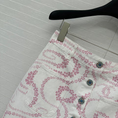 CC 25 Printed Denim Single-breasted Short Skirt Pink White Cotton