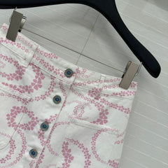 CC 25 Printed Denim Single-breasted Short Skirt Pink White Cotton