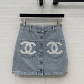 CC 25 Single-breasted Short Skirt Light Blue Denim Cotton