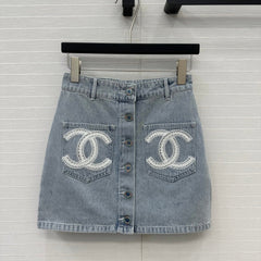 CC 25 Single-breasted Short Skirt Light Blue Denim Cotton