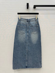 CC 25 Embroidered Midi Skirt Blue Denim Cotton