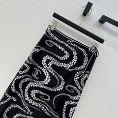 CC 25 Wave Pattern Long Skirt Black Silk Cotton