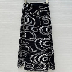 CC 25 Wave Pattern Long Skirt Black Silk Cotton